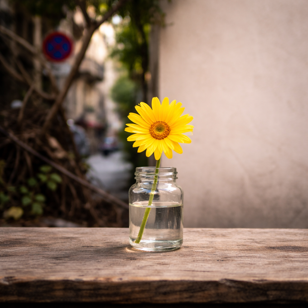 Single yellow daisy in a glass jar on a wooden table, with a cluttered background on the left and a clean wall on the right