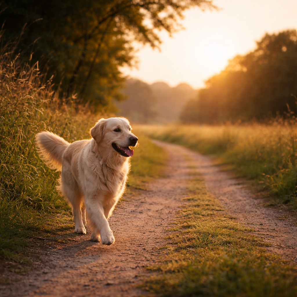 Golden retriever walking along a country path with open space ahead in the direction of movement