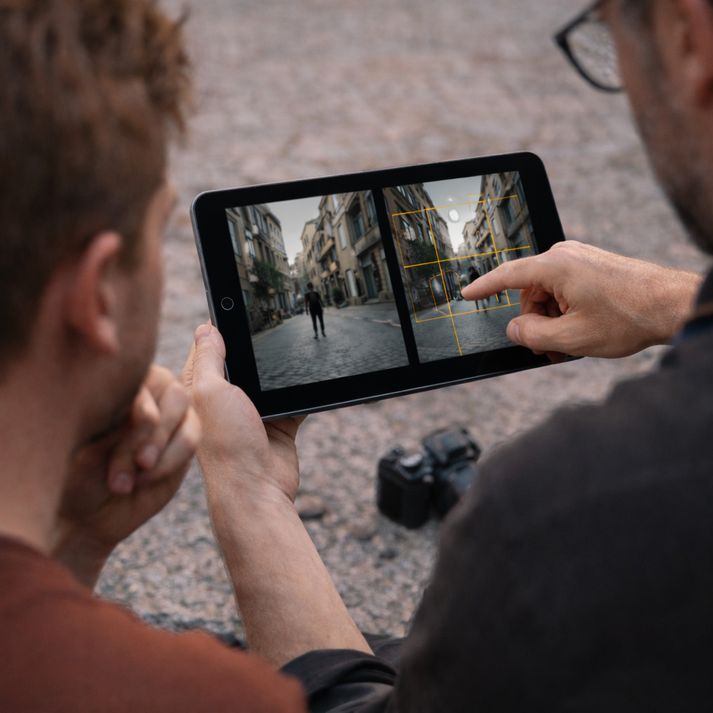 Reviewing participant’s photographs during outdoor photography session