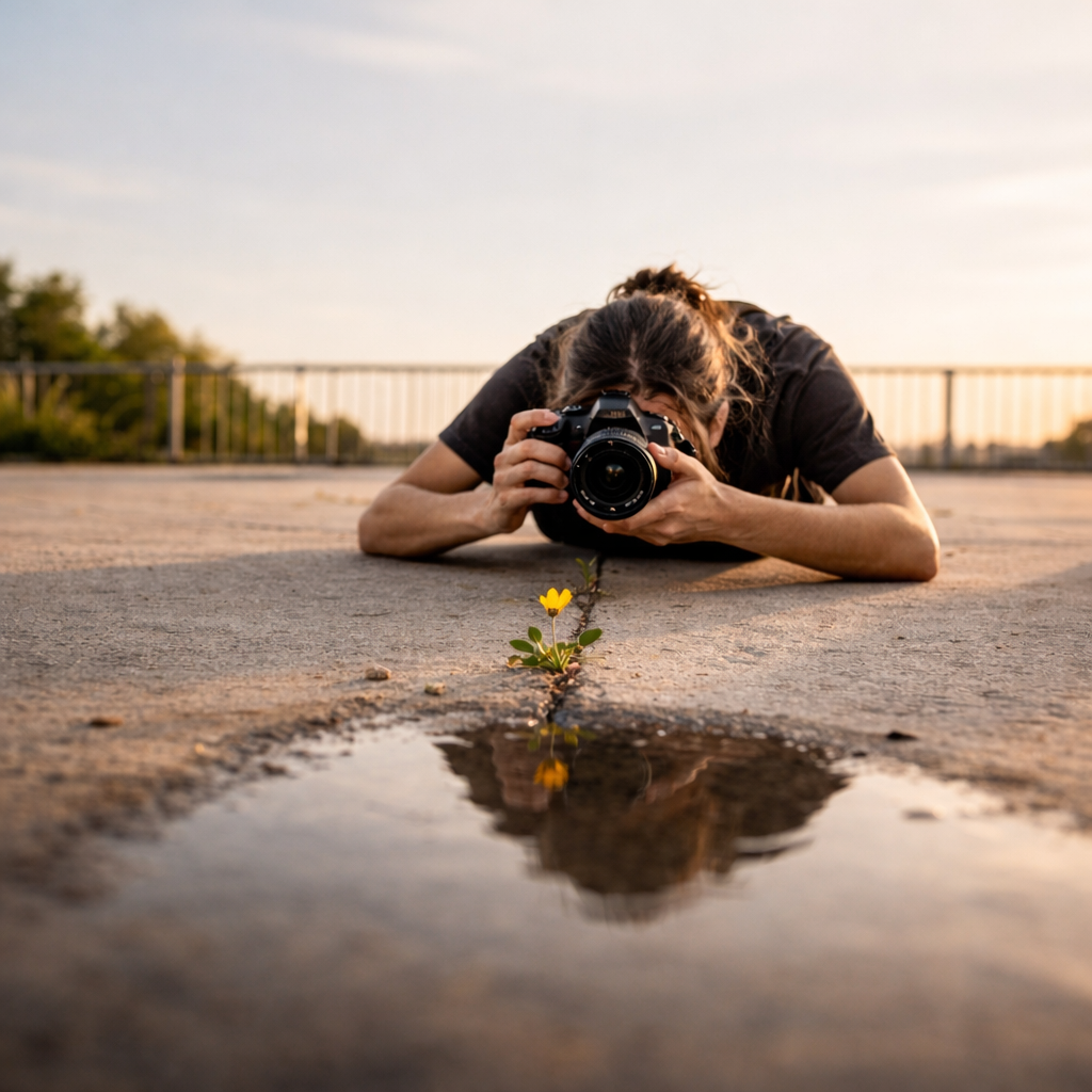 Photographer focusing on a single subject outdoors during structured practice