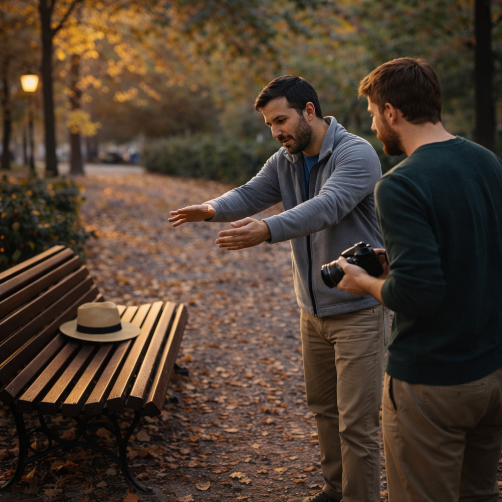 Photography tutor and participant in a Madrid park in autumn, looking at a hat on a bench while discussing the scene in warm late-afternoon light.