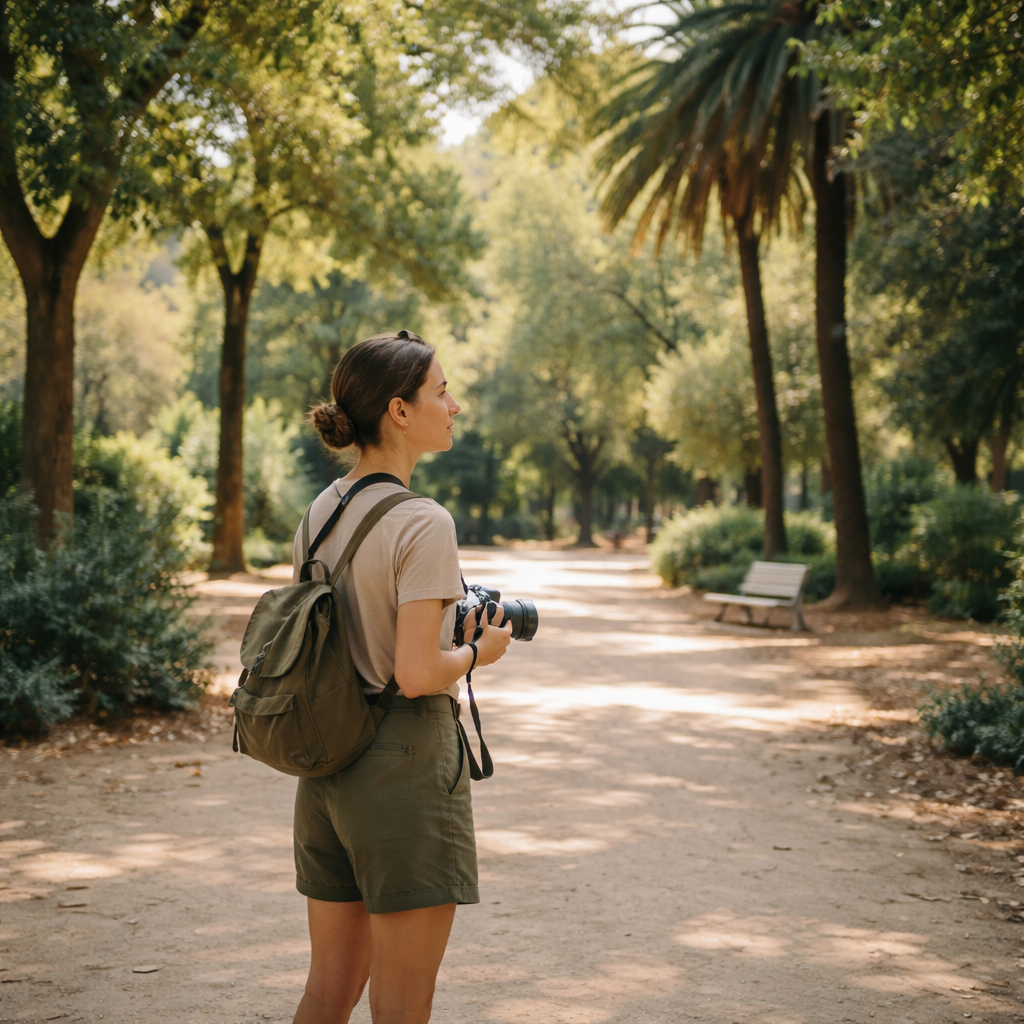 Beginner photographer standing on a quiet path in a park in Barcelona, looking around before taking a picture.