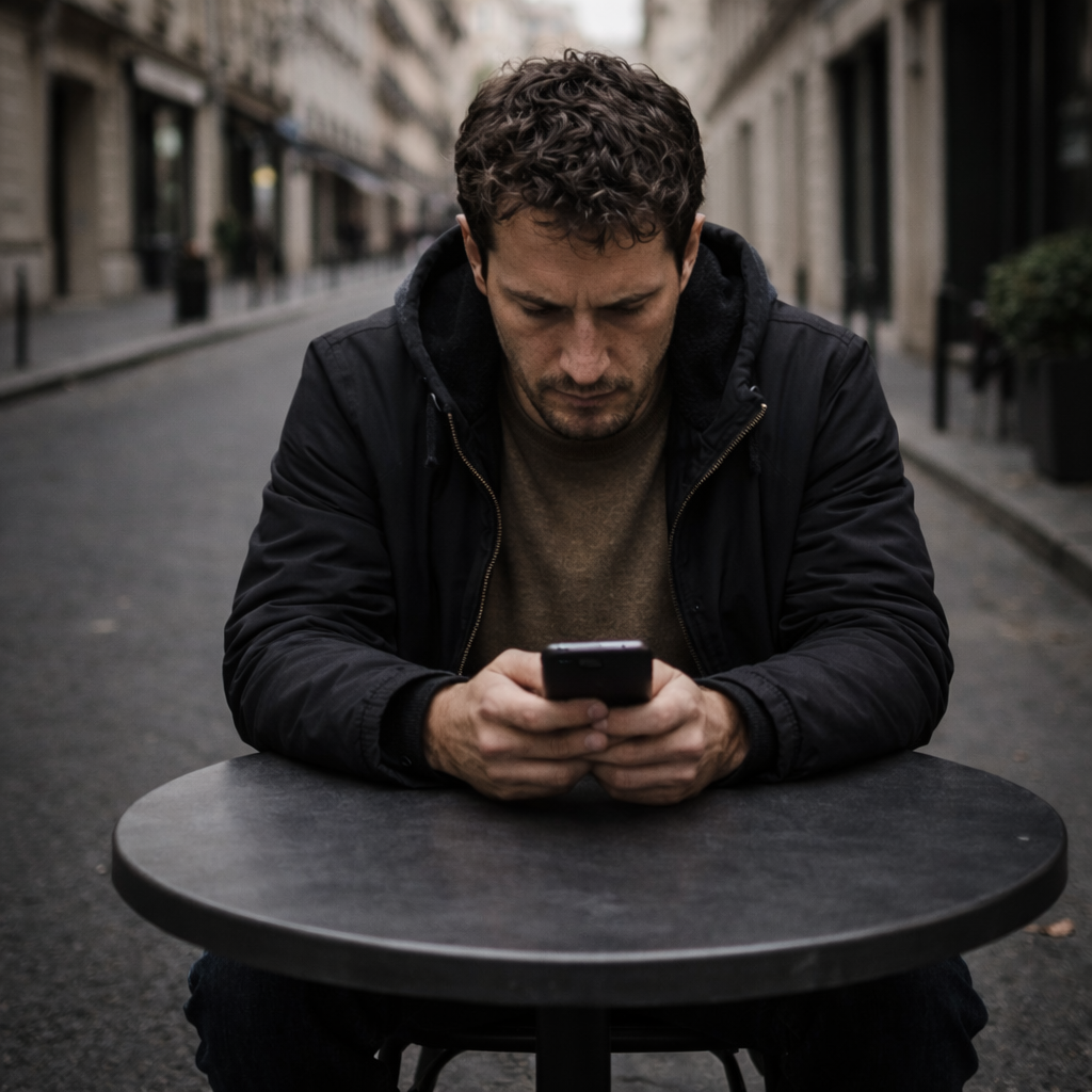 Man sitting alone at a round table in a quiet street, framed too tightly so the image feels heavy and slightly uncomfortable.