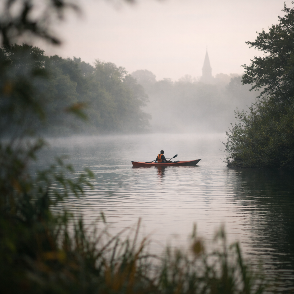 Kayaker on a misty river, framed by blurred foreground leaves and distant trees in soft fog