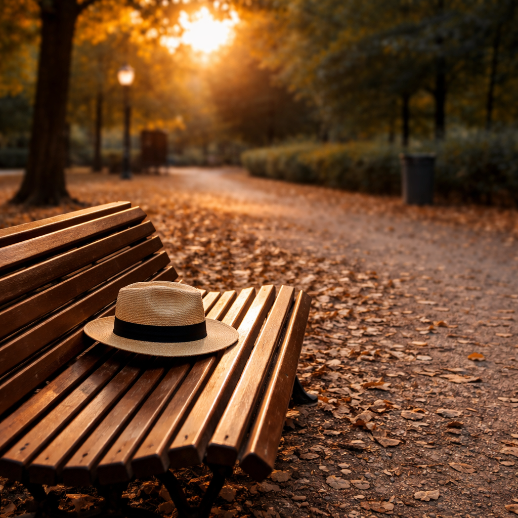 Hat on a park bench in Madrid with warm autumn light, photographed with a distracting bright background and weaker composition.