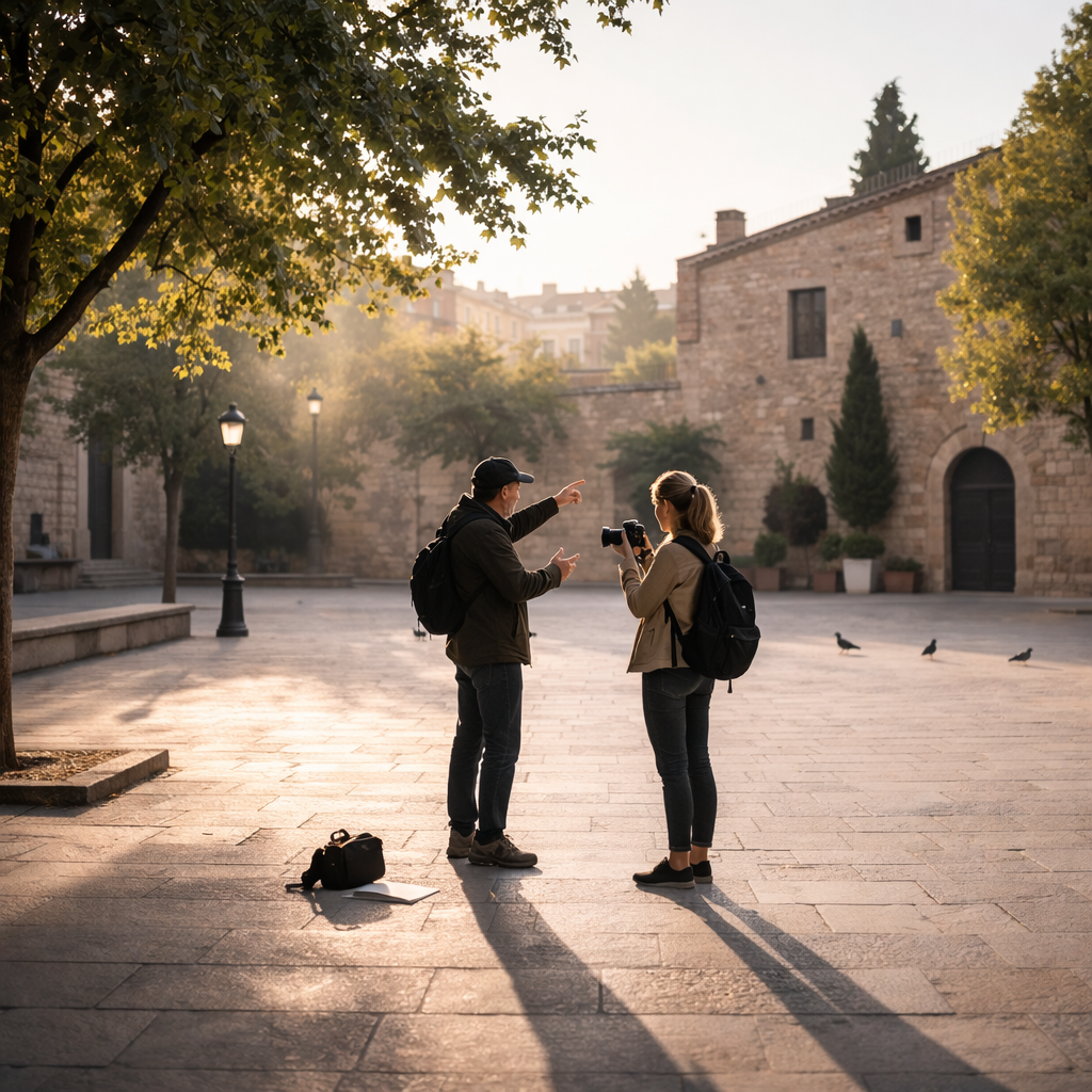 Two photographers working together in soft morning light, observing how light shapes a scene during a workshop