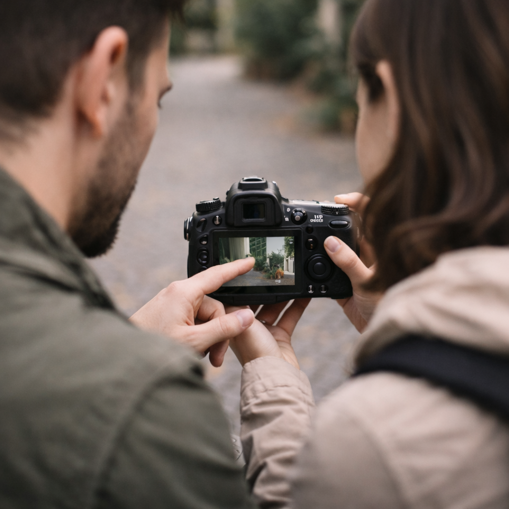 Two photographers reviewing images together on a camera screen outdoors
