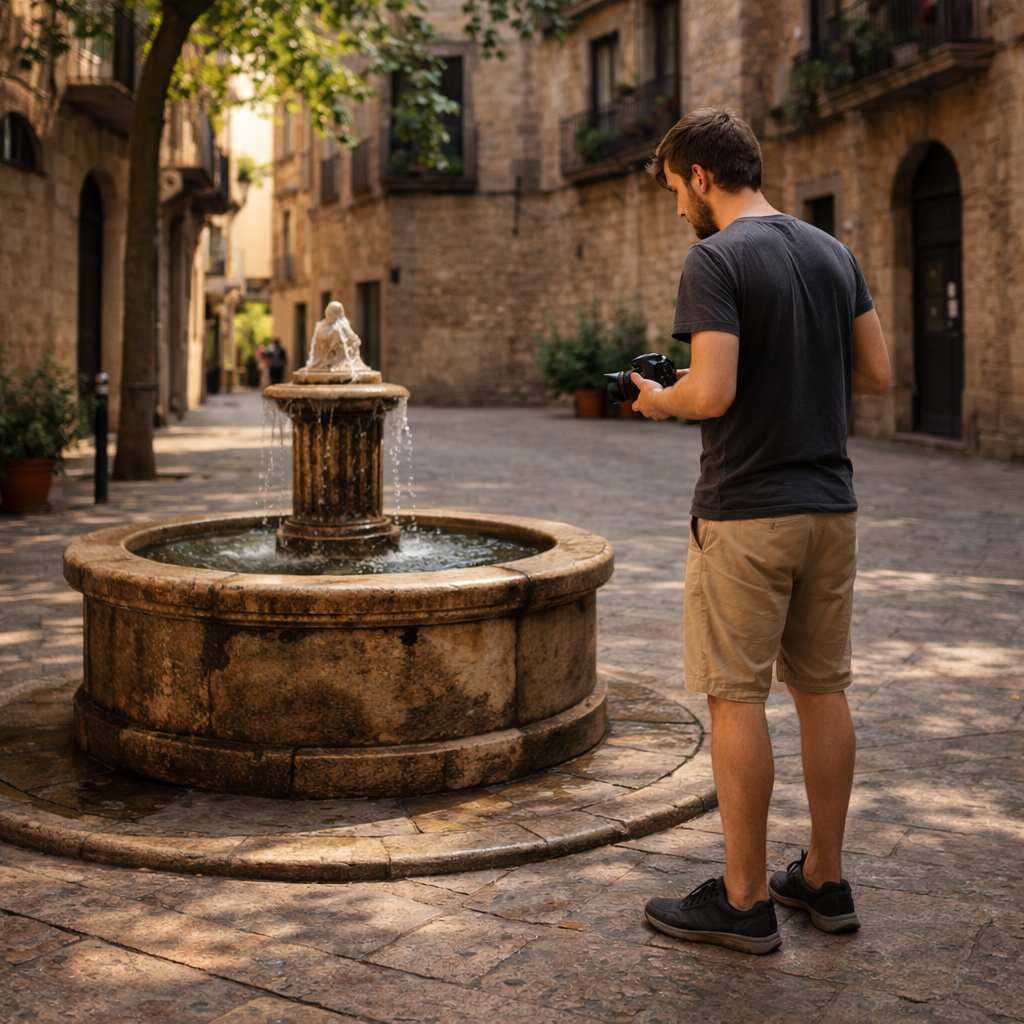 Photographer observing a stone fountain in Barcelona’s old city before taking a picture during a photography workshop.