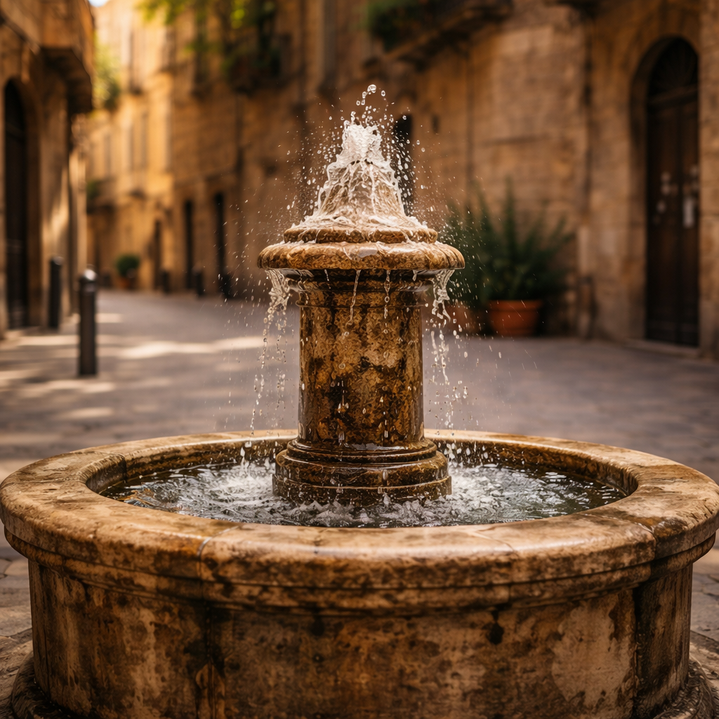 Close photograph of a stone fountain with frozen water in Barcelona’s old city.