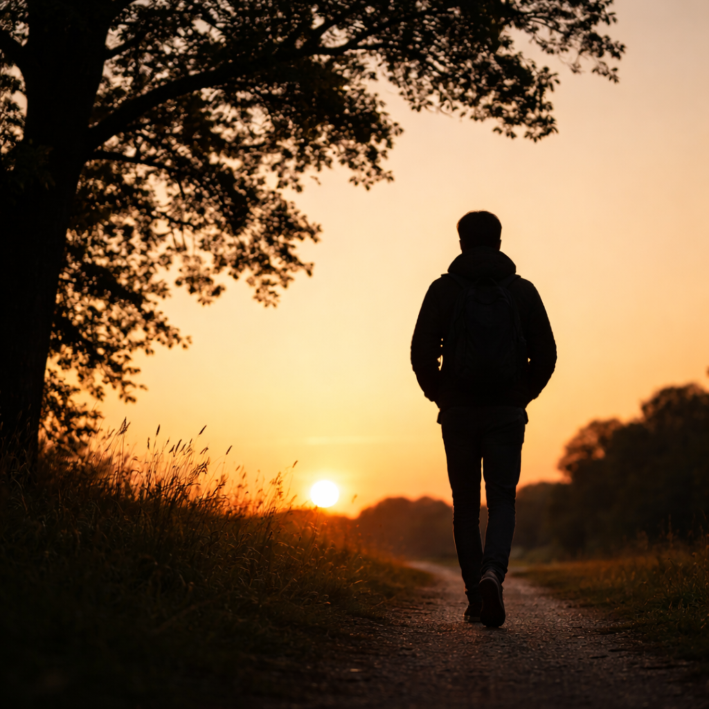 Silhouette of a person walking along a path at sunset, framed by a tree and a bright sky