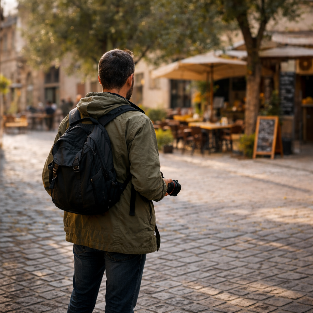 Photographer practising outdoors in natural light in an open urban setting