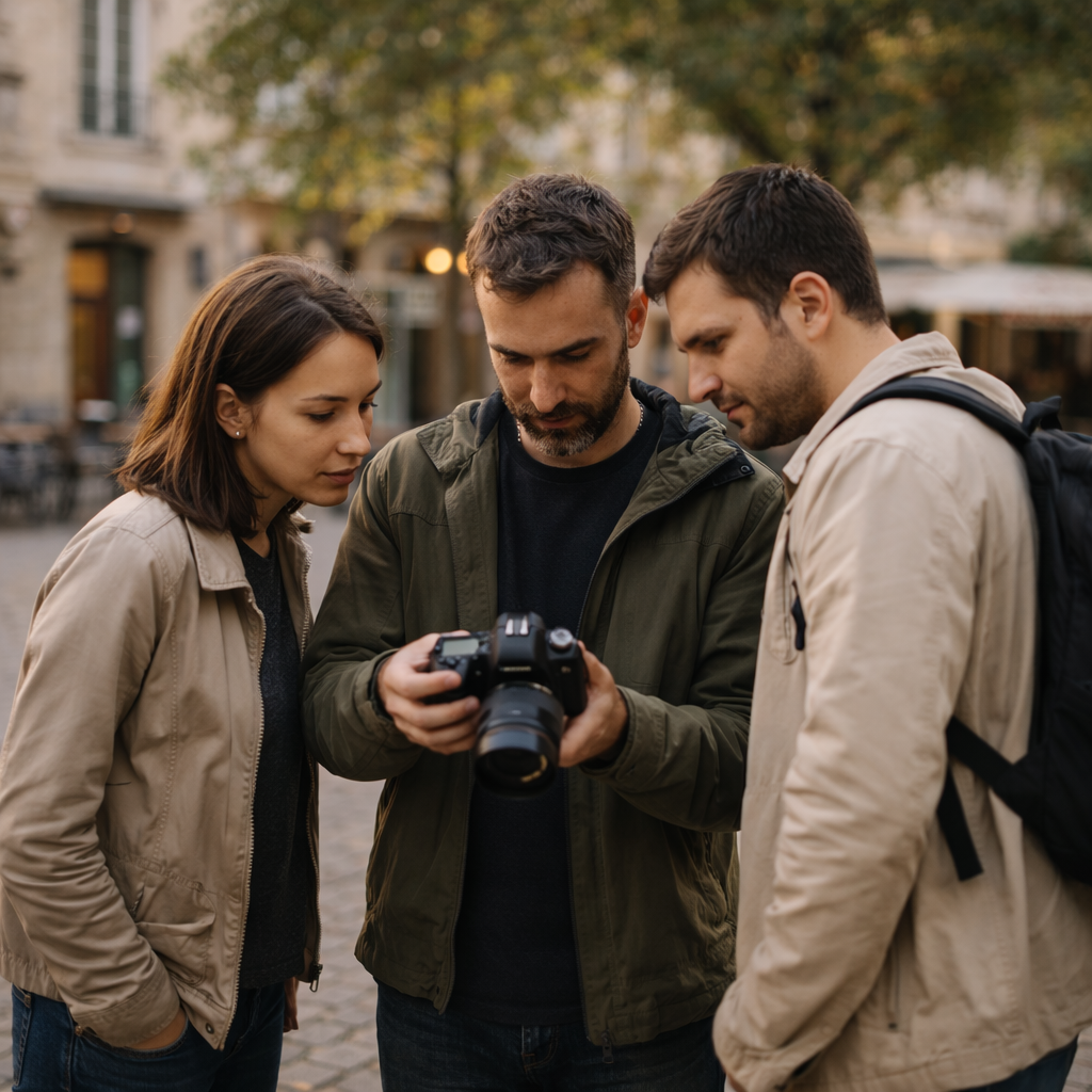 Three photographers reviewing images together on a camera screen outdoors