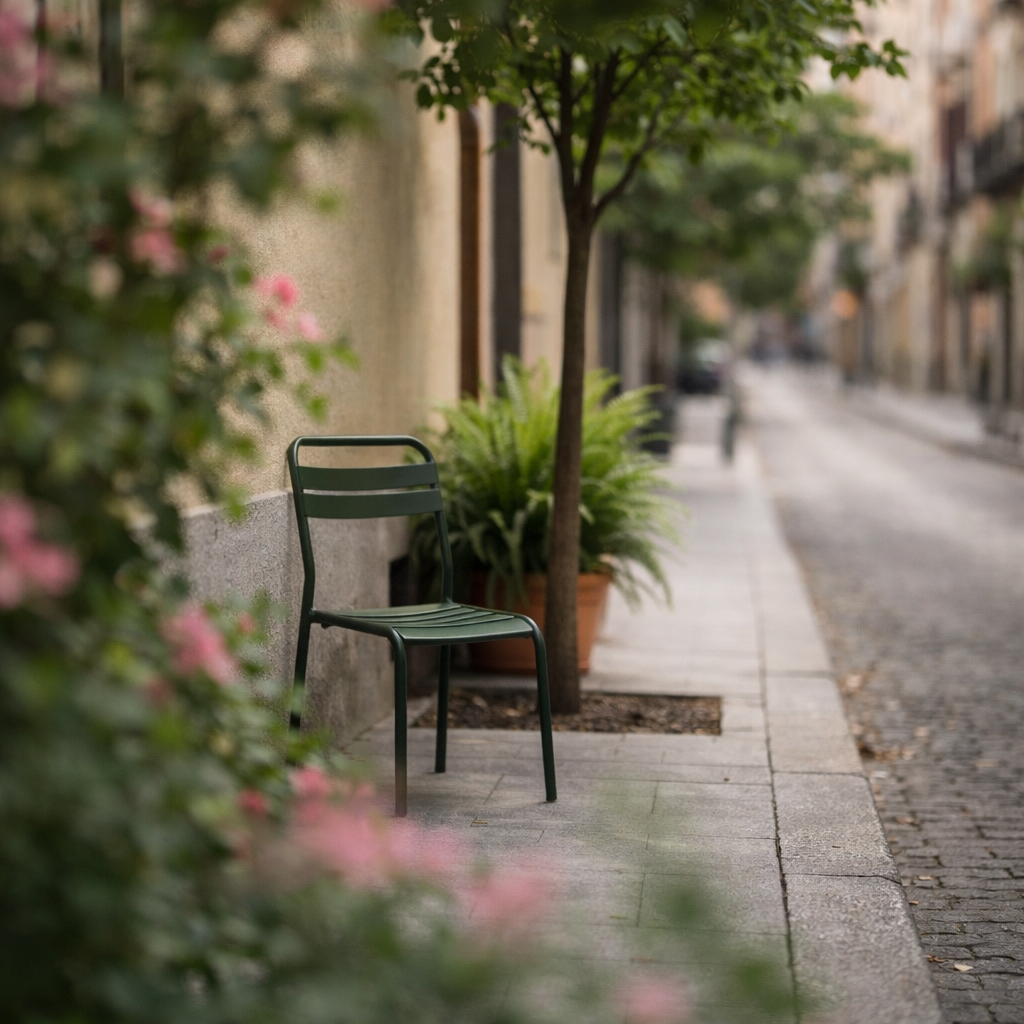 Green metal chair in a quiet Madrid street, photographed from a low angle with flowers in the foreground and the street receding softly into the background.