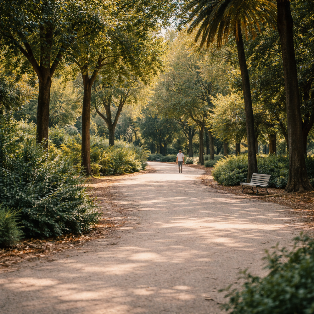 Curving park path through trees in a park in Barcelona with a single pedestrian in the distance and soft summer light.