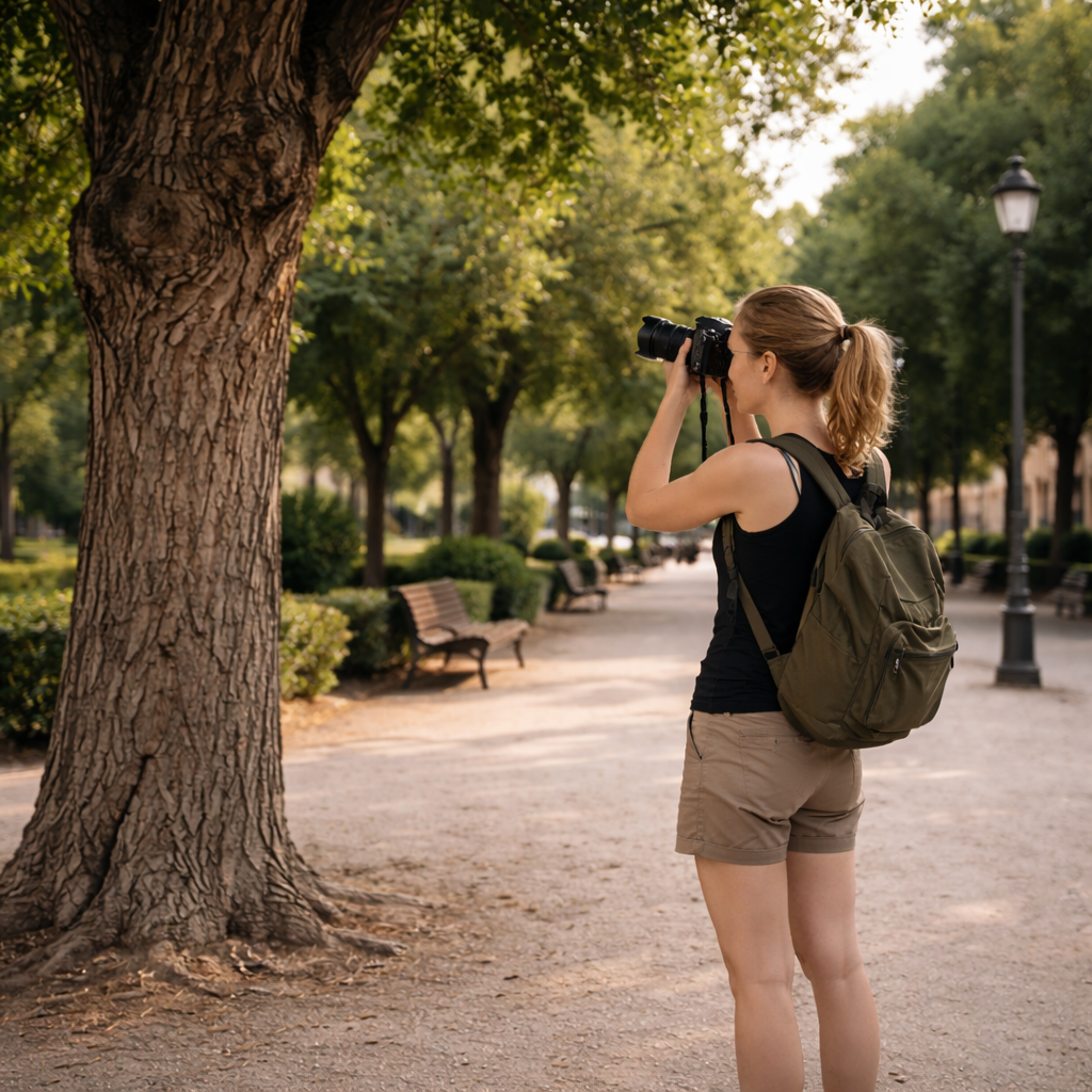 Photographer repeatedly photographing the same subject in an urban park setting