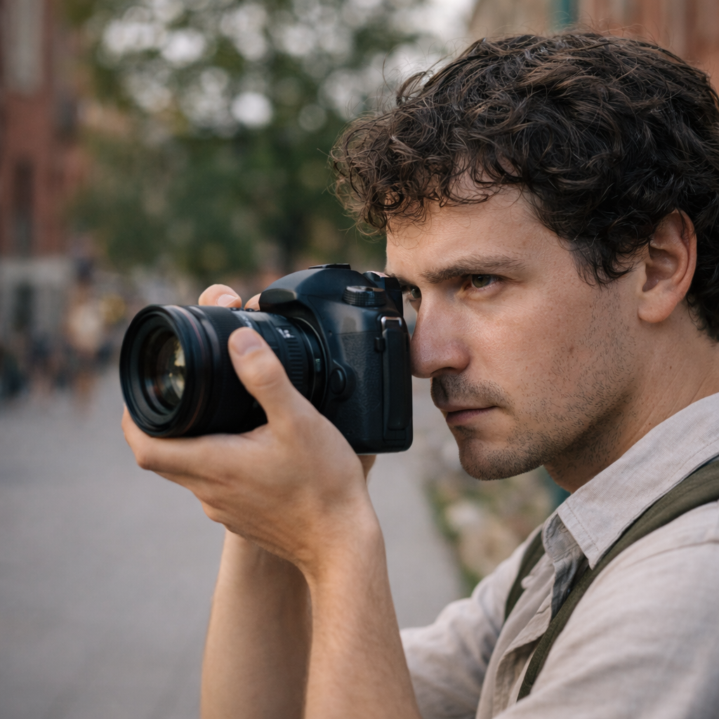 Photographer pausing and observing a scene above the camera before taking a shot