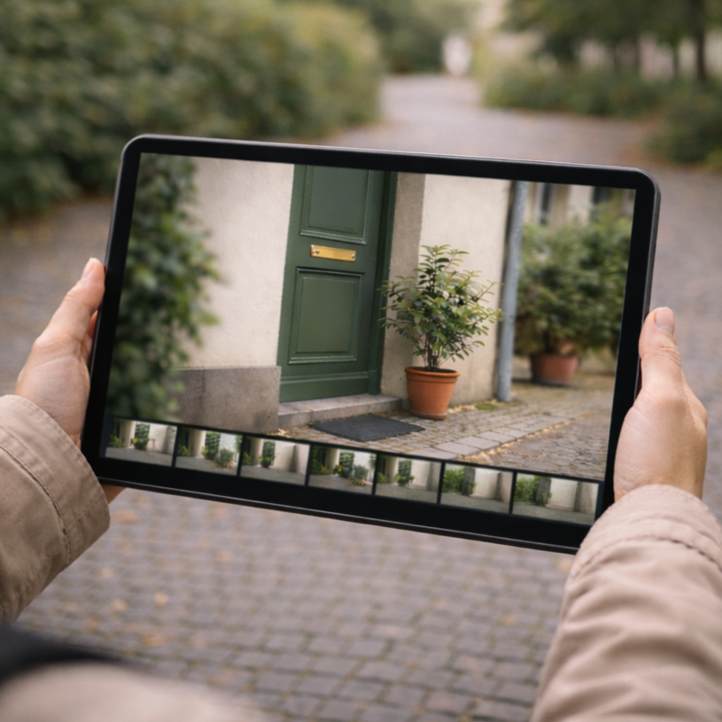 Photographer comparing several photos on the camera screen in a park