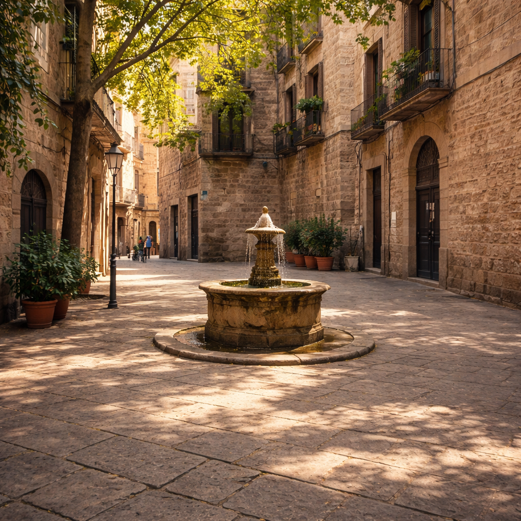 Wide photograph of a stone fountain in a quiet square in Barcelona’s old city in summer.