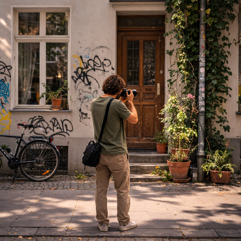 Photographer standing on a quiet street in Berlin in summer, photographing an everyday urban detail at the start of the exercise.
