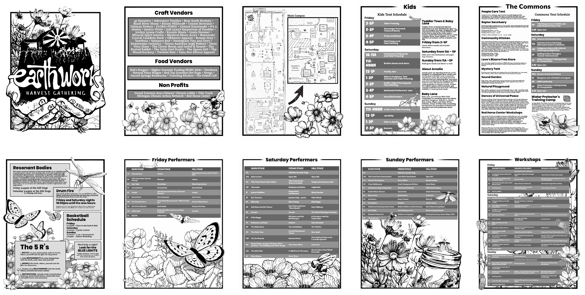 Black and white flyers and maps for an event called Earhworx Harvest Gathering, featuring schedules for craft vendors, food vendors, non-profits, children's activities, performances, workshops, and various tents and venues with floral and nature-themed illustrations.
