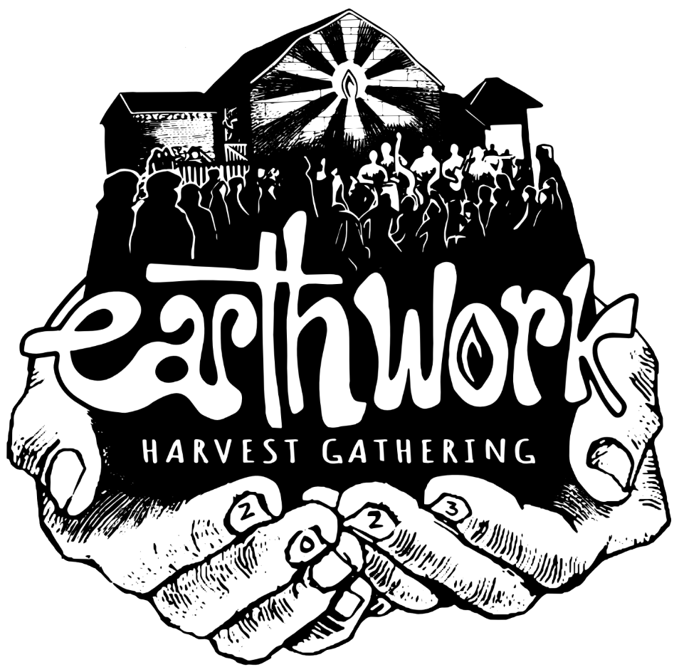 Black and white logo for EarthWork Harvest Gathering featuring two hands clasped, with a farm scene and a music band inside the palms, and the event name in stylized font.