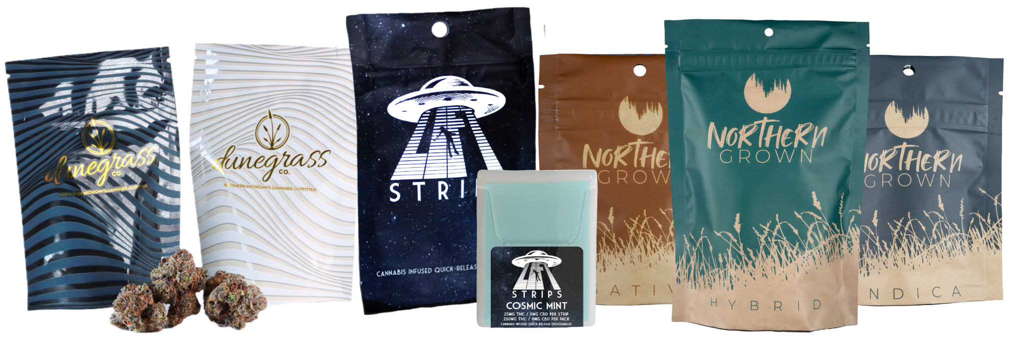 Various cannabis product packaging, including pre-rolls, flower buds, and pouches with branding.