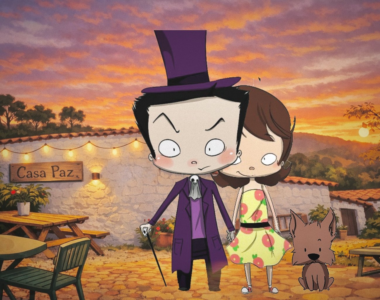 Cartoon characters, a man with black hair, purple coat, top hat, holding a cane, and a woman with brown hair in a floral dress, standing outdoors at sunset with a dog, in front of a stone wall with a sign that reads 'Casa Paz', and outdoor furniture.