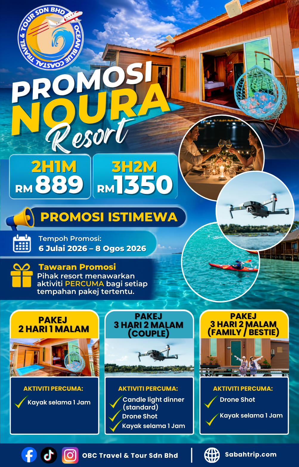 A promotional poster for Noura Resort with travel packages, prices, and activities, featuring a wooden beach house, water activities, dining, drone photography, and sunset scene.