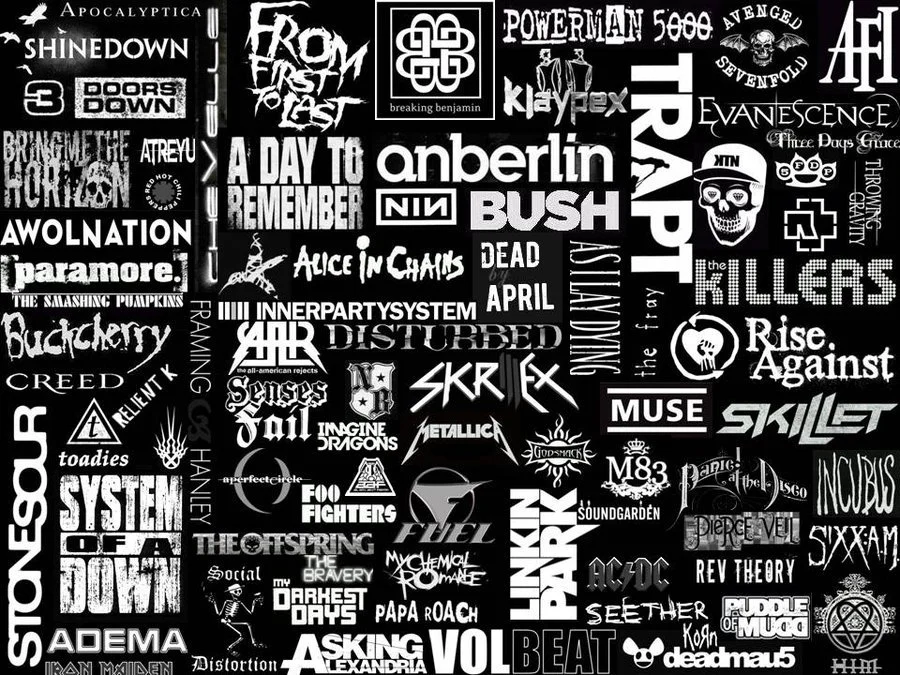 A collage of various black-and-white band logos and names, including Metallica, Nirvana, Avenged Sevenfold, Radiohead, and Green Day, among others.