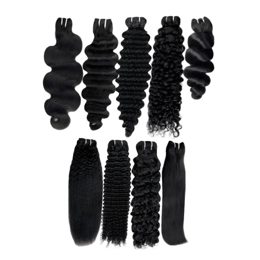 Collection of black hair weaves and hair extensions with various textures and curls, arranged vertically.