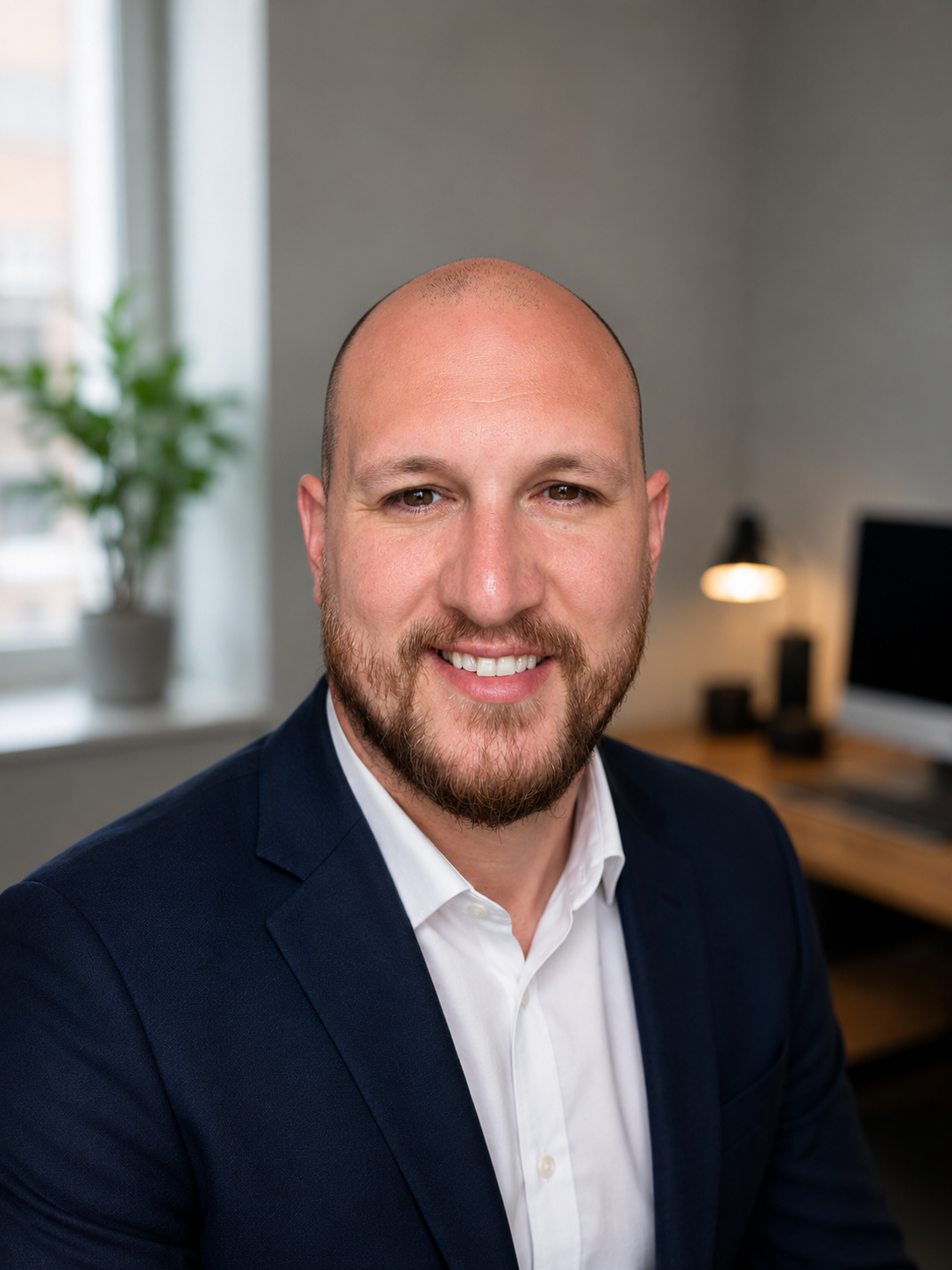 A man with a beard and a bald head wearing a navy suit jacket and white shirt, smiling in an office setting with a computer and potted plant in the background.