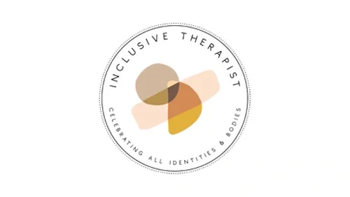 Logo with abstract shapes and text that reads 'Inclusive Therapist, Celebrating All Identities & Bodies'