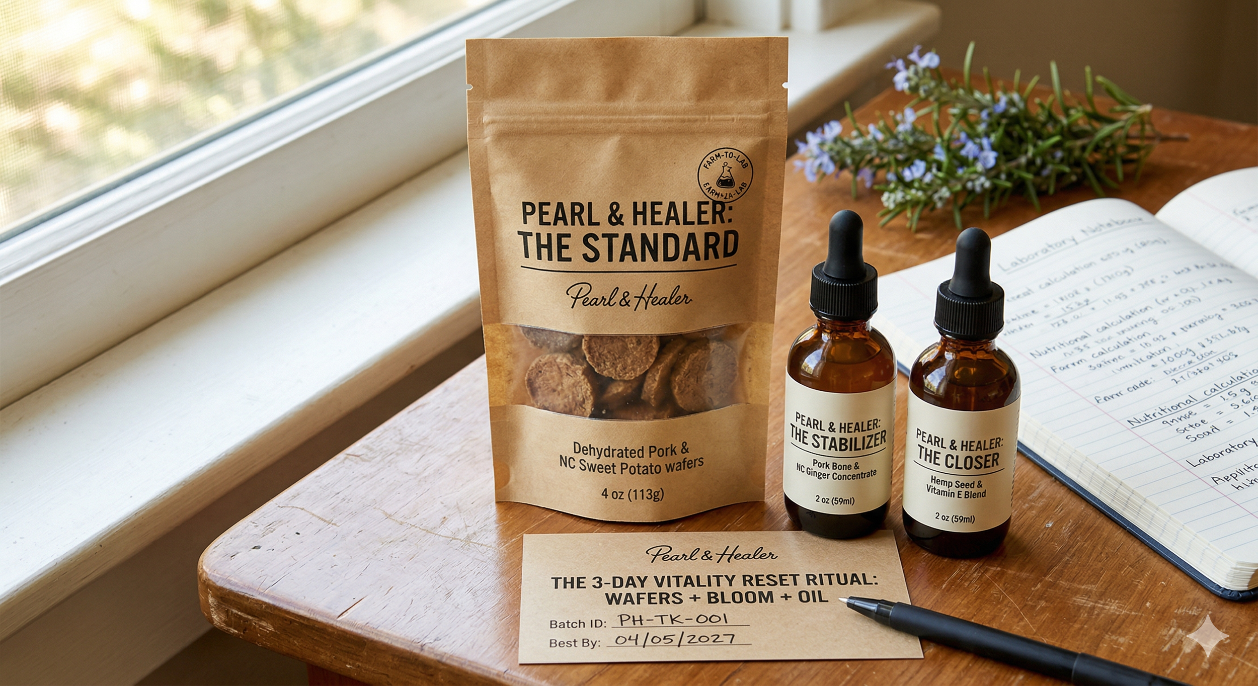 A wooden table near a window displays wellness products, including a brown paper bag of dried pork and NC sweet potato wafers, two small amber glass bottles labeled 'The Stabilizer' and 'The Closer' with droppers, a handwritten note detailing a 3-day vitality reset ritual, and a notebook with handwritten notes. There is also a sprig of purple flowers on the table.