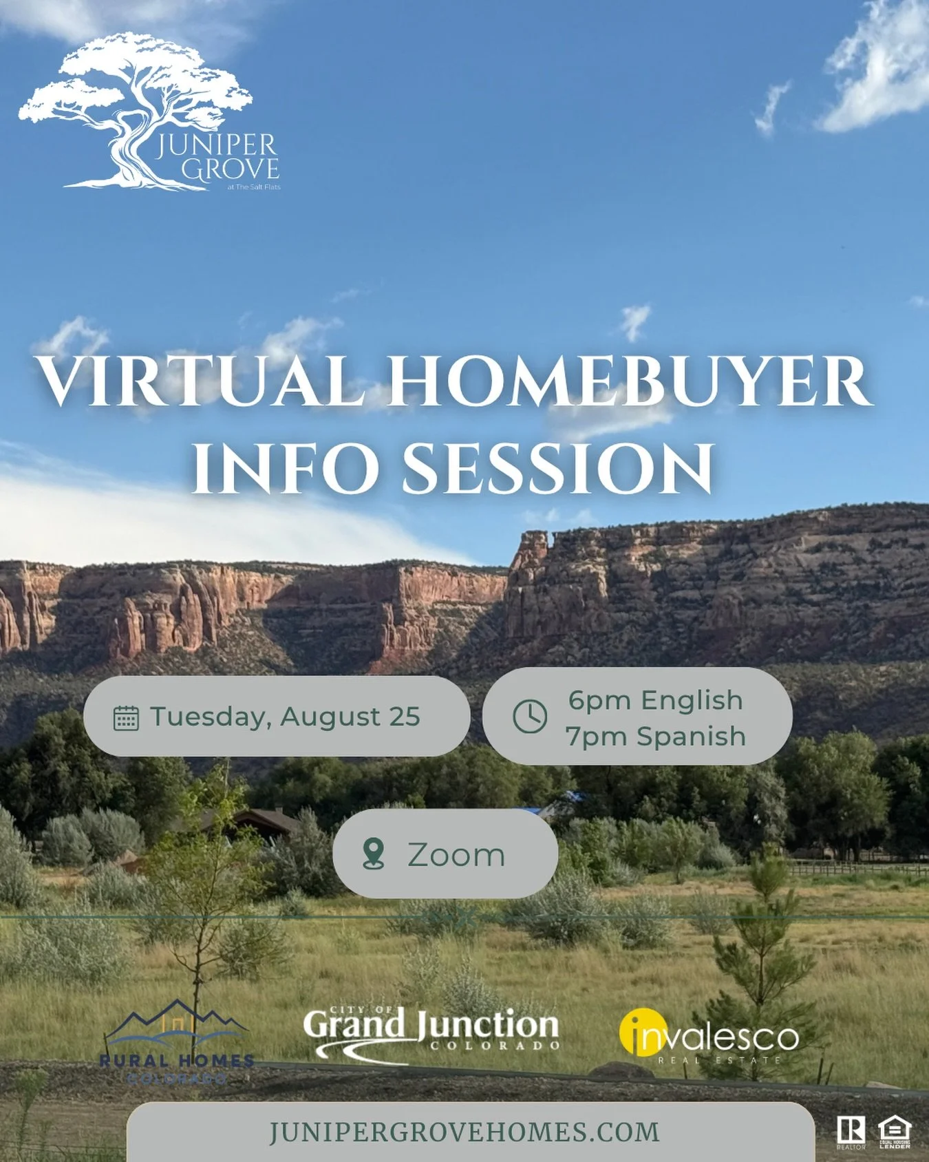 Have Questions About Buying at Juniper Grove? 🏡

Join Us for a Free Virtual Homebuyer Info Session

If you&rsquo;re interested in homeownership at Juniper Grove at the Salt Flats, this session is designed to help you understand the process and get y