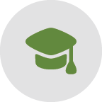 Green graduation cap icon on a gray circular background