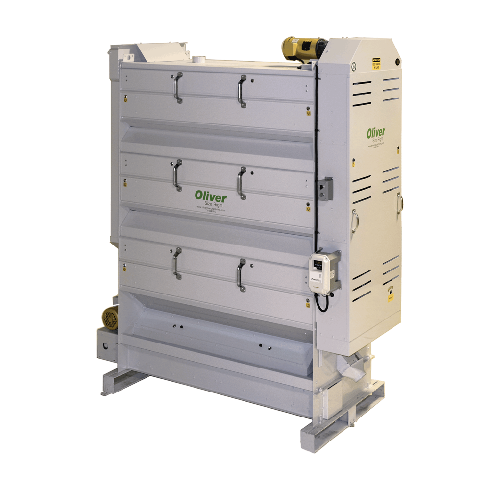 A large white industrial machine with handles and ventilation slots, labeled 'Oliver' and 'Size Right.'