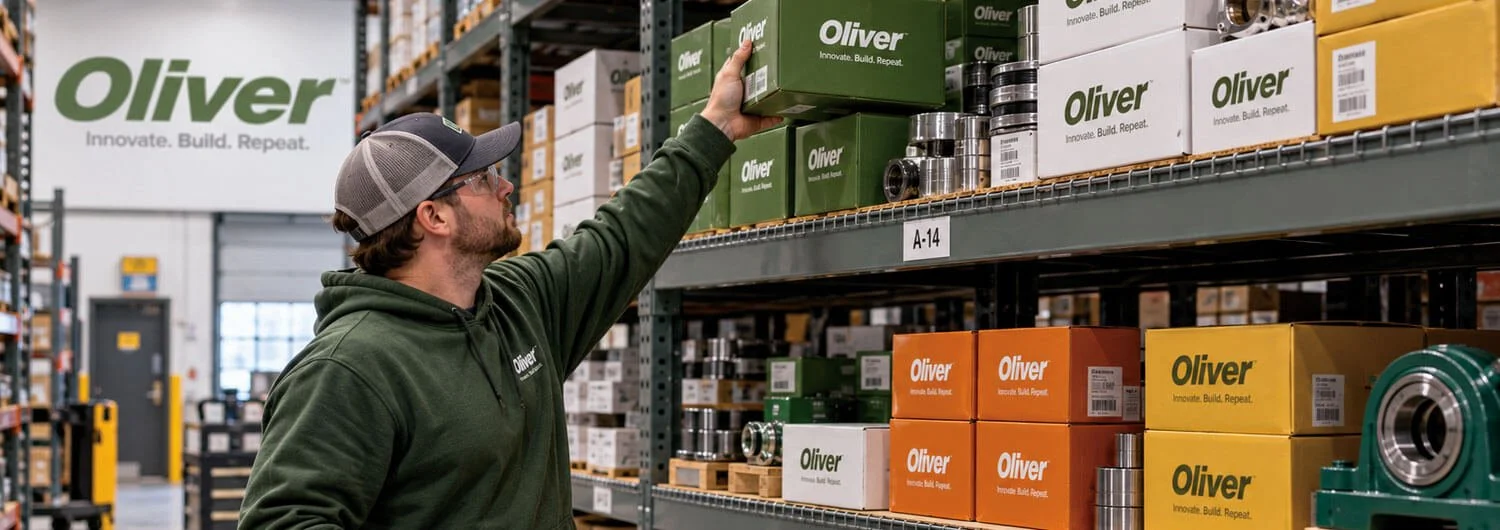 Oliver employee retrieving replacement parts from an organized equipment parts warehouse