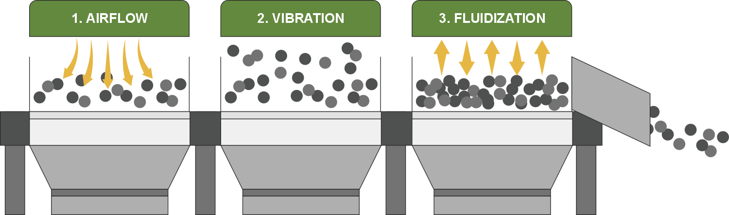 Diagram showing how Oliver fluidized bed dryers use airflow, vibration, and deck movement to dry seed uniformly and reduce clumping.