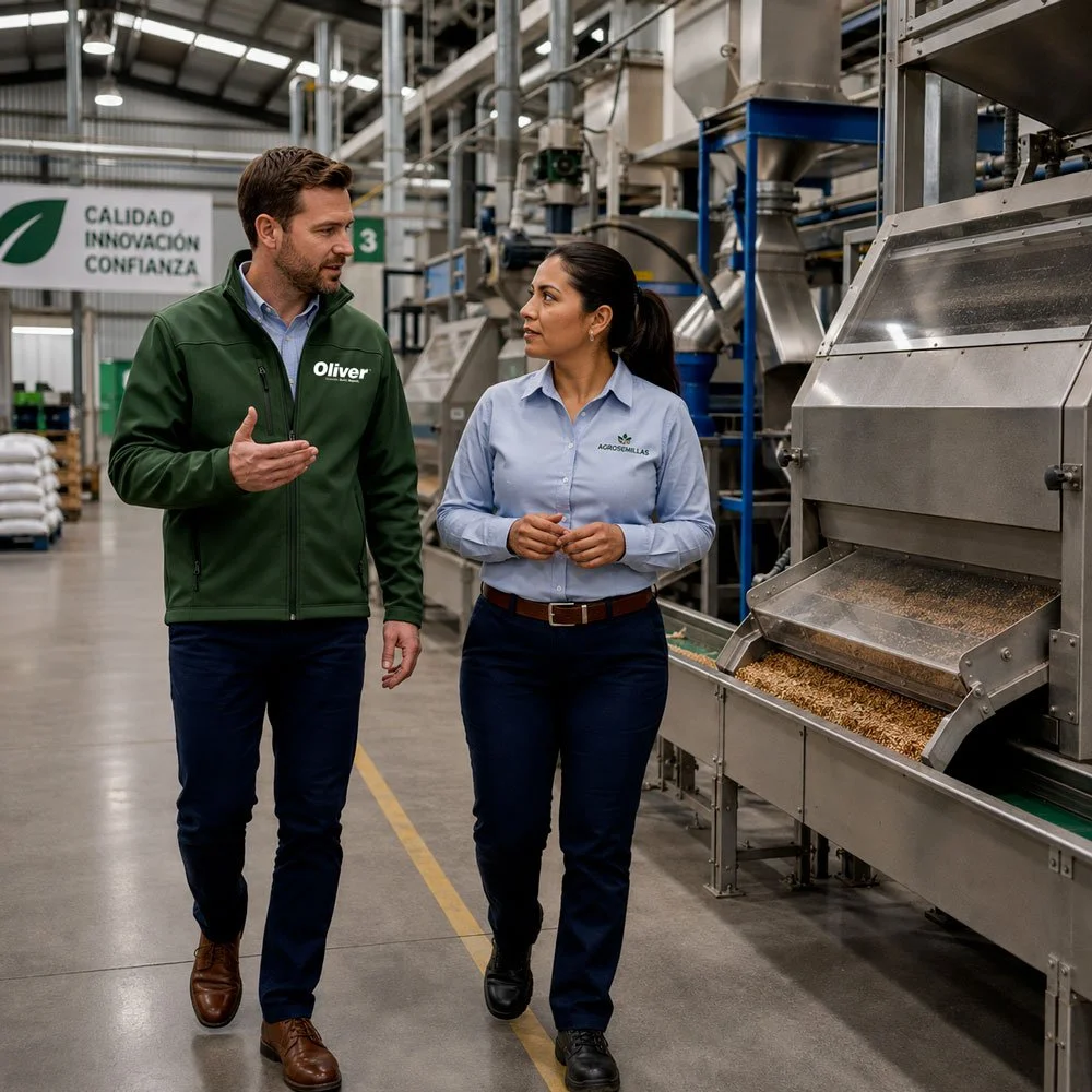 Two people, a man and a woman, are walking and talking inside an industrial facility with machinery. The man wears a green jacket with a name tag 'Oliver' and the woman wears a light blue shirt with a logo. They appear to be discussing something related to the manufacturing process.