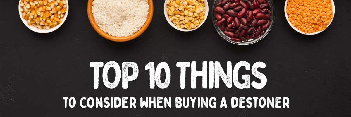 Assorted grains, beans, and seeds surrounding a 10-point destoner buying guide.