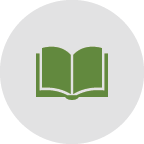 Icon of an open green book on a gray circular background