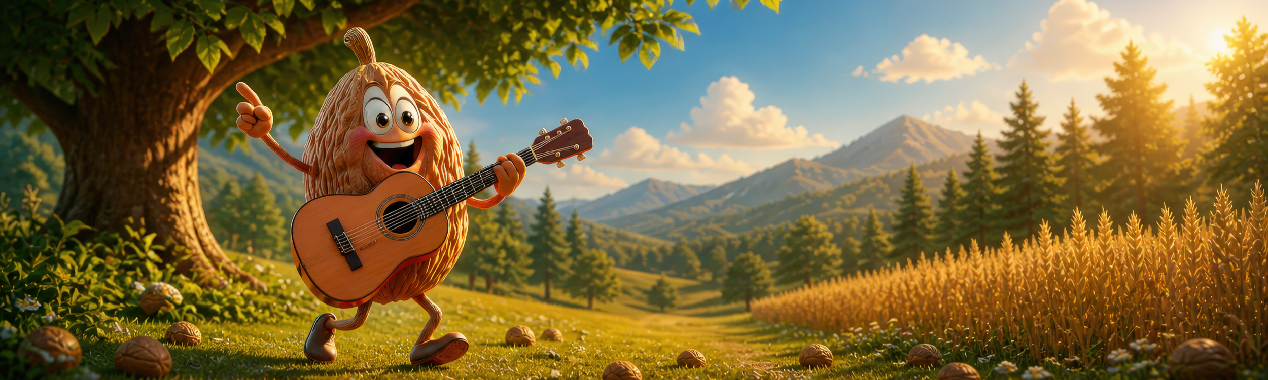 Illustrated tree seed character playing guitar in a field, representing Oliver tree seed processing applications