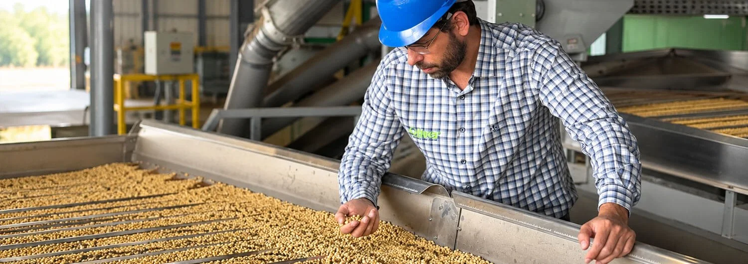 Troy Jackson inspects soybeans on Oliver gravity separation equipment during an onsite seed processing facility visit.