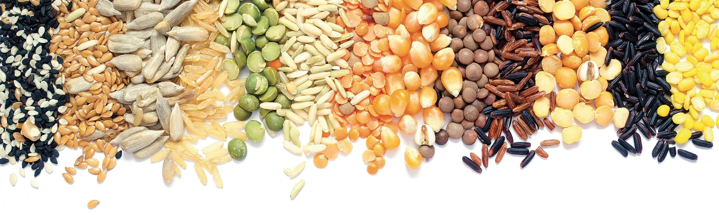 An array of various colorful seeds and grains arranged in a pattern, including black sesame, white sesame, flaxseeds, sunflower seeds, split green peas, chickpeas, beans, rice, and corn, displayed on a white background.