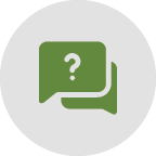 Green question mark icon inside speech bubbles on gray circular background.