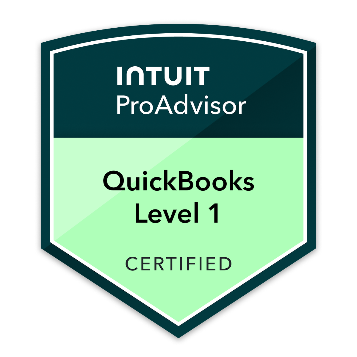 Certification badge for QuickBooks Level 1, issued by Intuit ProAdvisor, with a shield shape, dark green and light green colors, and the words 'CERTIFIED' at the bottom.