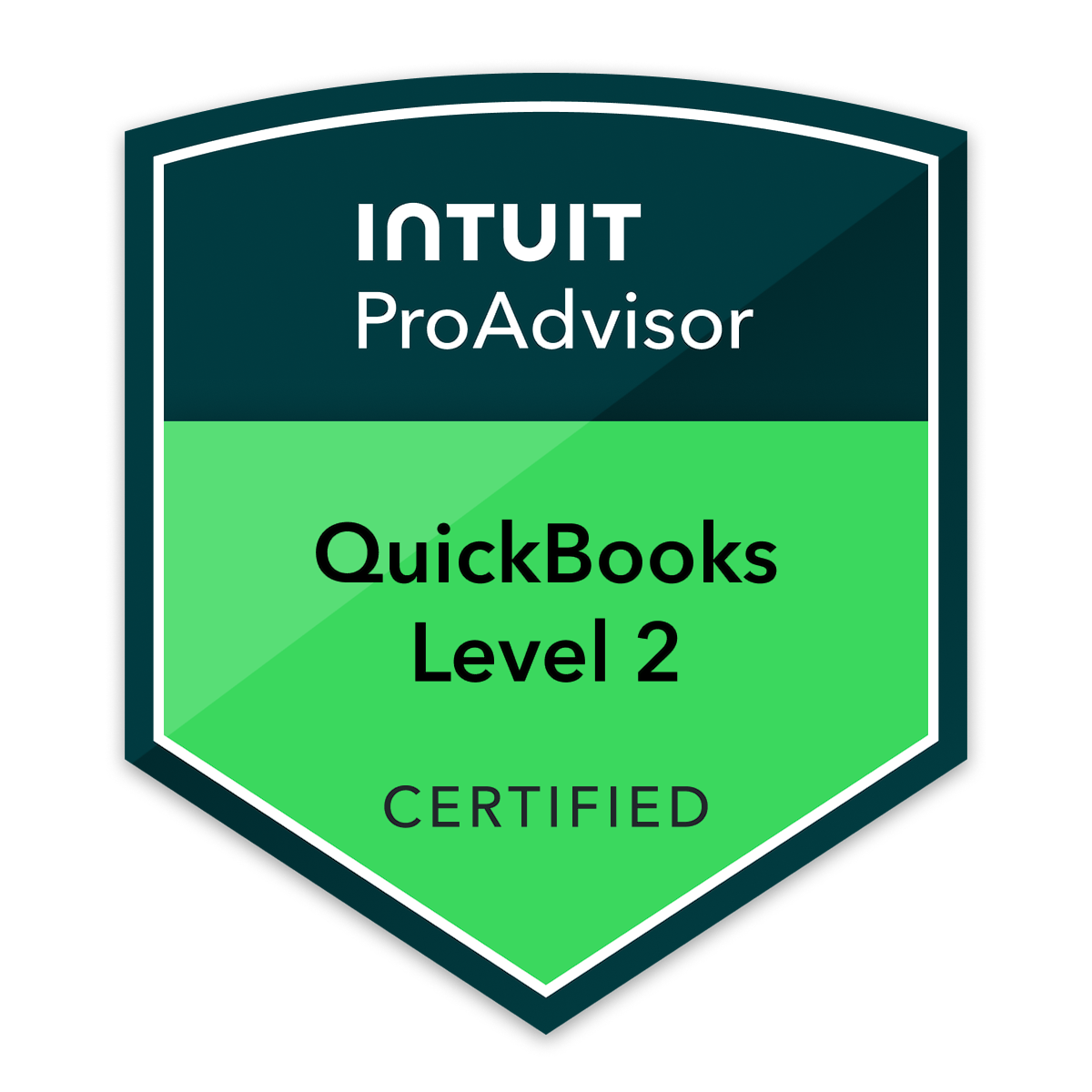 Certification badge for QuickBooks Level 2 proficiency, awarded by Intuit ProAdvisor.