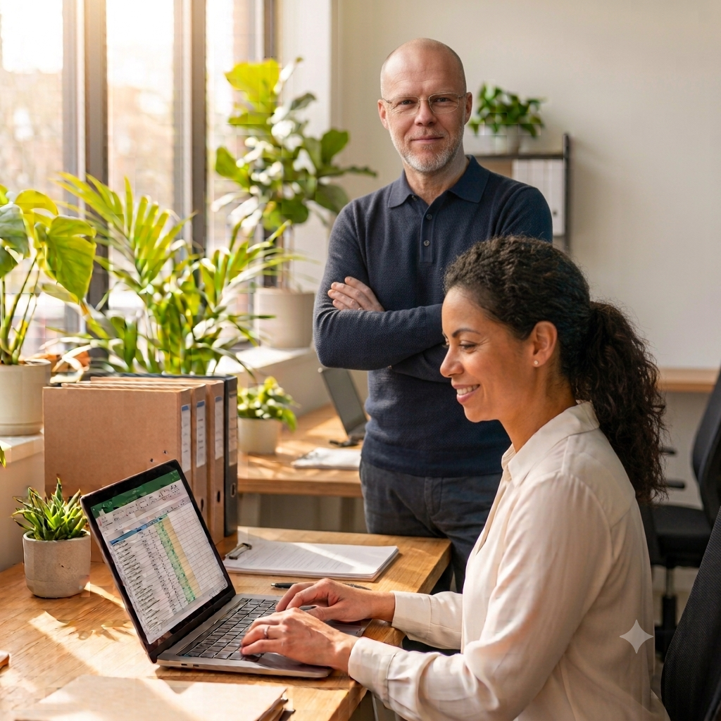 The head of Books By MyPro is standing next to a woman working at a laptop, in a sunny, modern office. He looks poised and professional, with a friendly smile.