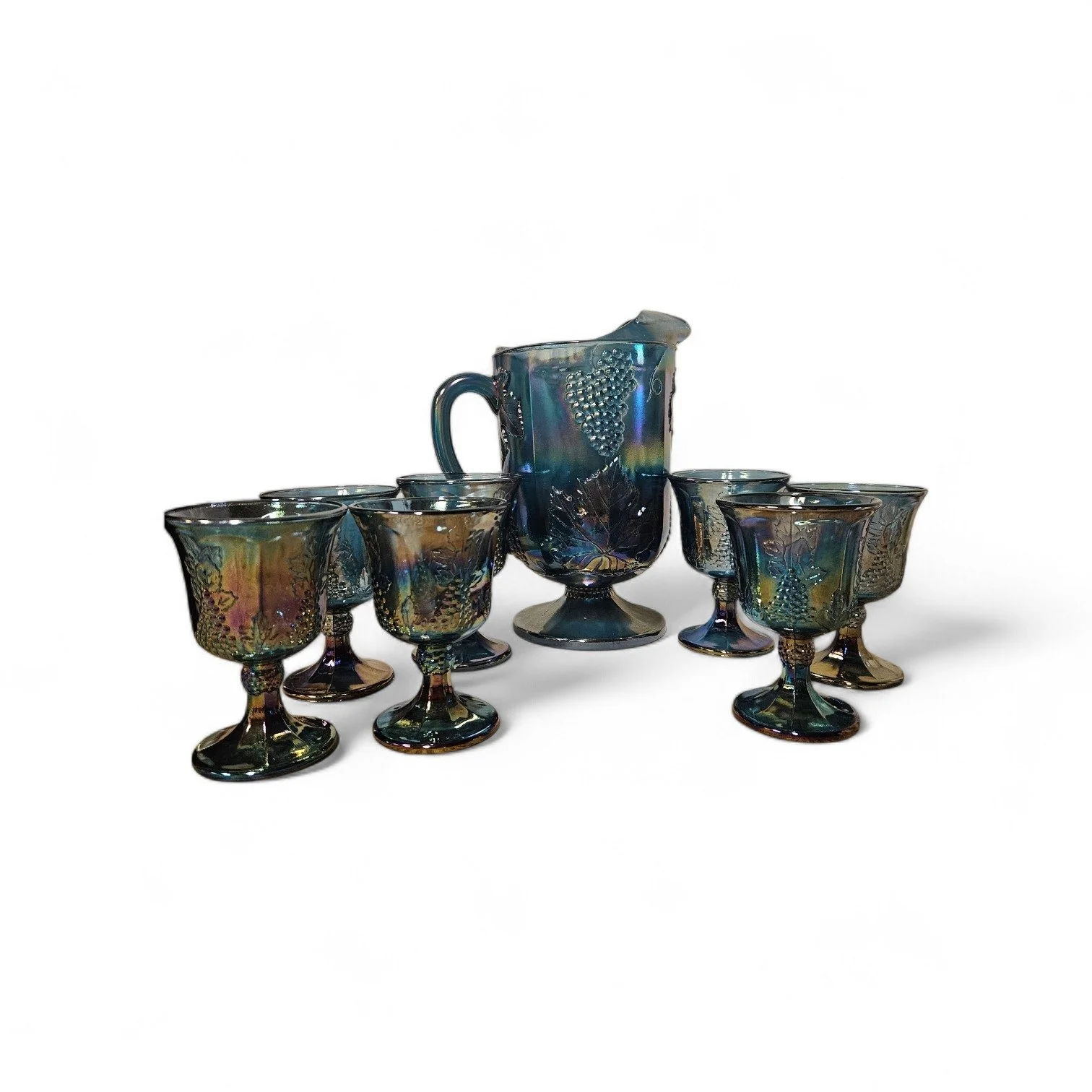 Vintage Carnival Glass Grape Pitcher & Glass Set (8 Piece)