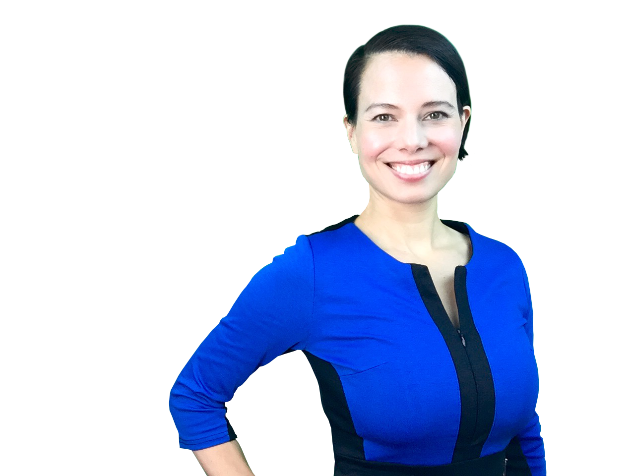 Smiling 	
Laveena Archers 3/5 Human Design Projector Teacher Smiling with dark hair in a blue dress on a white background.